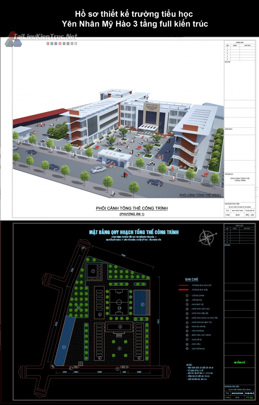 Hồ sơ thiết kế trường tiểu học Yên Nhân Mỹ Hào 3 tầng full kiến trúc