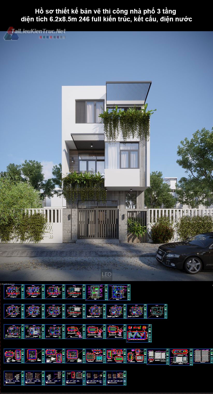 Hồ sơ thiết kế bản vẽ thi công nhà phố 3 tầng diện tích 6.2x8.5m 246 full kiến trúc, kết cấu, điện nước