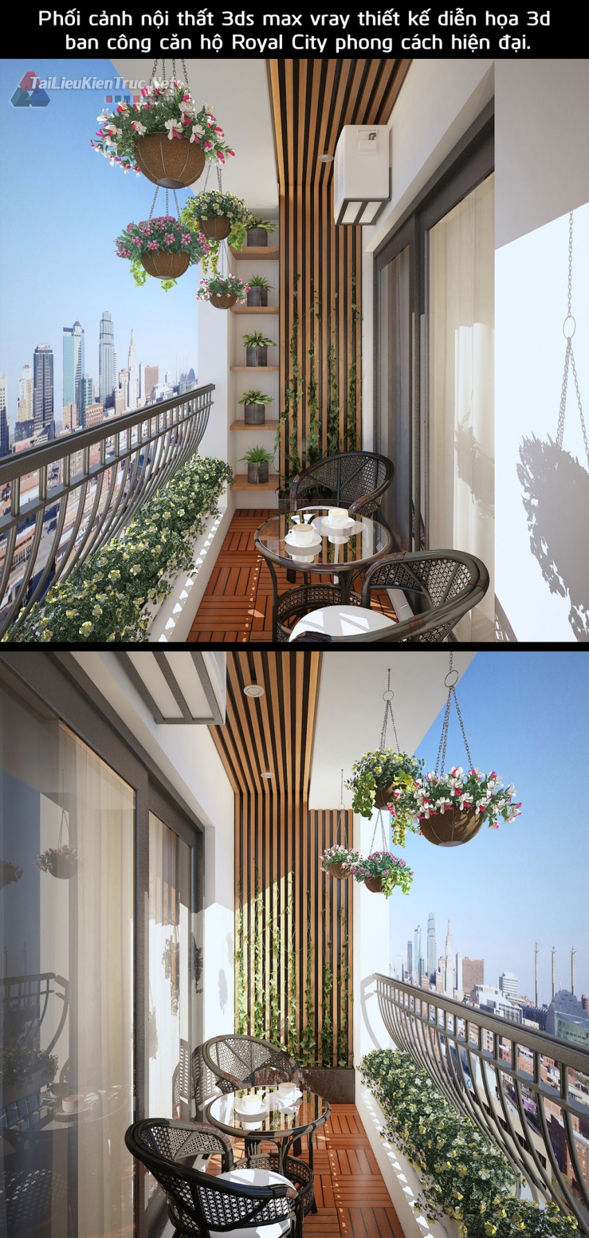 Phối cảnh nội thất 3ds max vray thiết kế diễn họa 3d nội thất ban công căn hộ Royal City phong cách hiện đại
