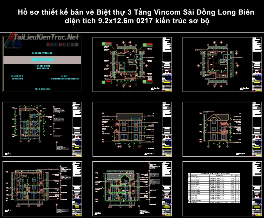Hồ sơ thiết kế bản vẽ Biệt thự 3 Tầng Vincom Sài Đồng Long Biên diện tích 9.2x12.6m 0217 kiến trúc sơ bộ