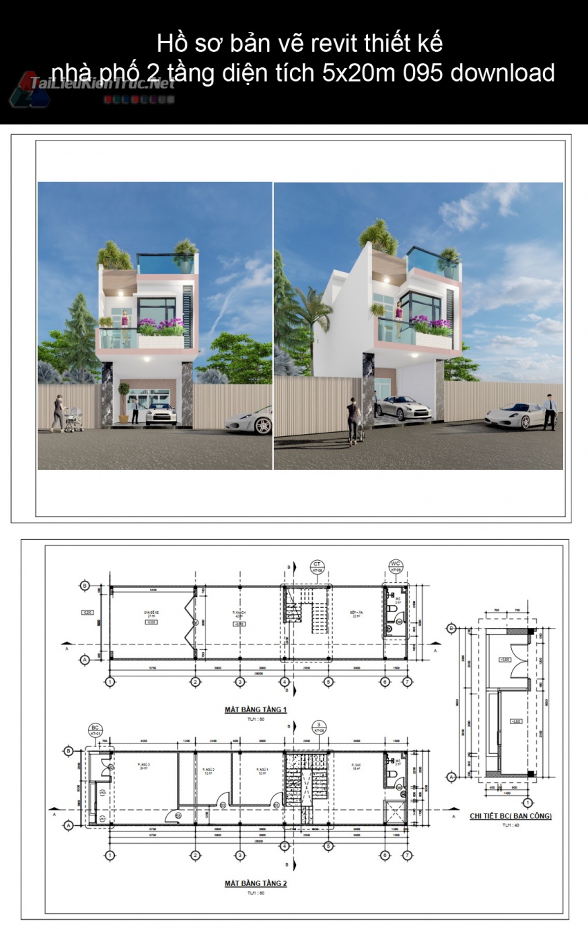 Hồ sơ bản vẽ revit thiết kế  nhà phố 2 tầng diện tích 5x20m 095 download