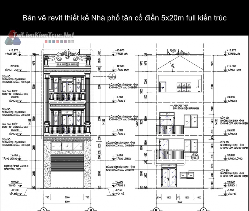 Bản vẽ revit thiết kế Nhà phố tân cổ điển 5x20m full kiến trúc