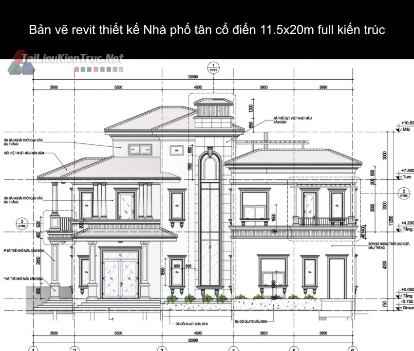 Bản vẽ revit thiết kế Nhà phố tân cổ điển 11.5x20m full kiến trúc