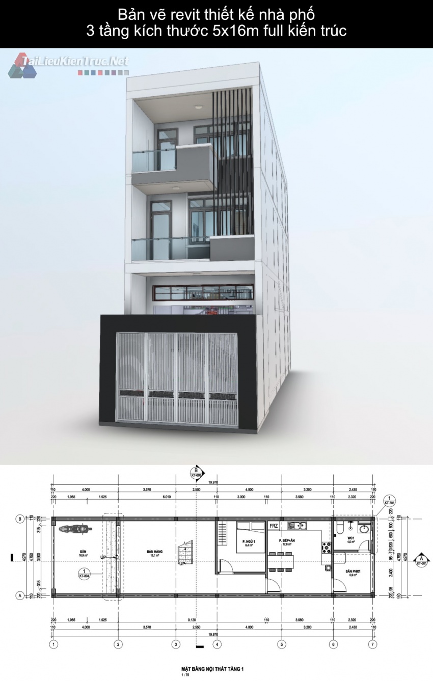 Bản vẽ revit thiết kế nhà phố 3 tầng kích thước 5x16m full kiến trúc