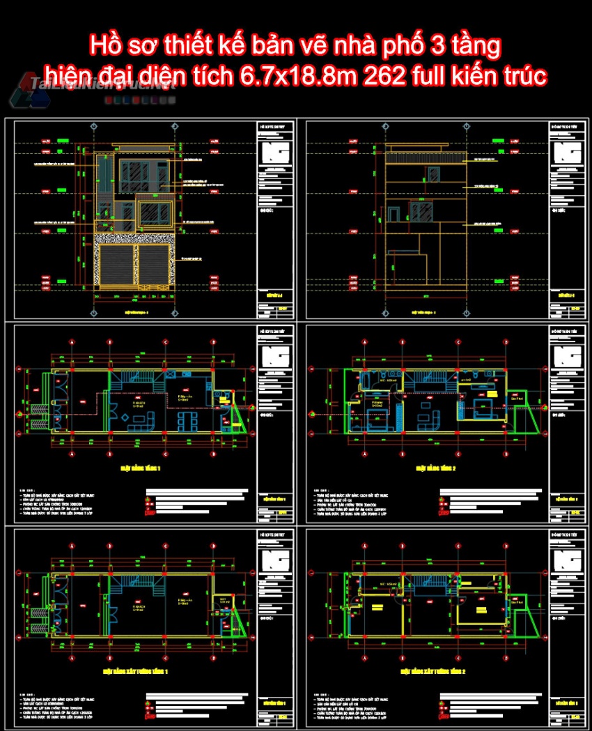 Hồ sơ thiết kế bản vẽ nhà phố 3 tầng hiện đại diện tích 6.7x18.8m 262 full kiến trúc
