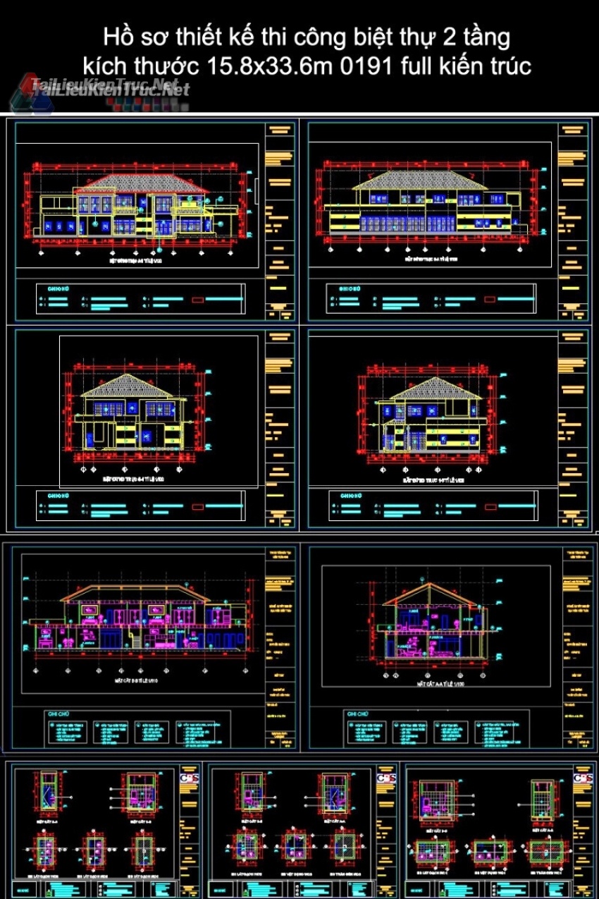 Hồ sơ bản vẽ autocad thiết kế thi công biệt thự 2 tầng kích thước 15.8x33.6m 0191 full kiến trúc