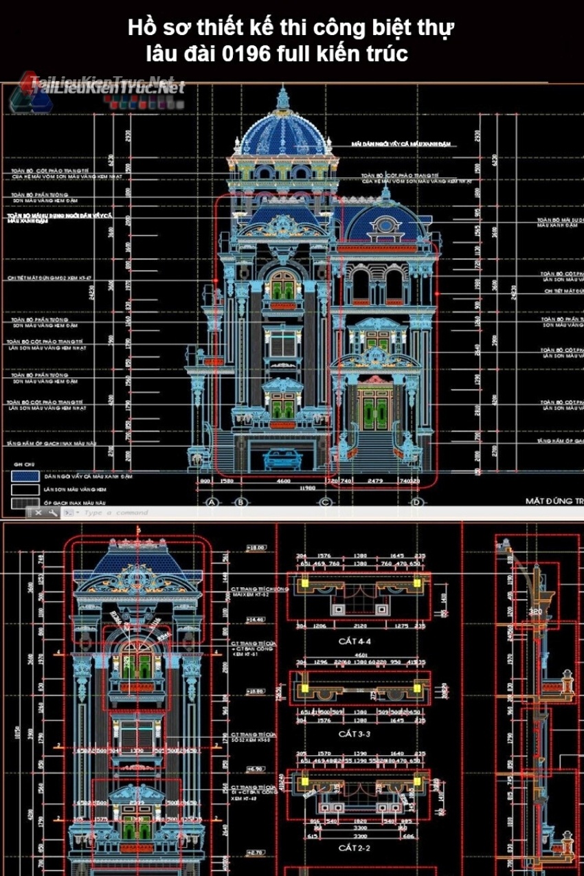 Hồ sơ thiết kế thi công biệt thự lâu đài 0196 full kiến trúc