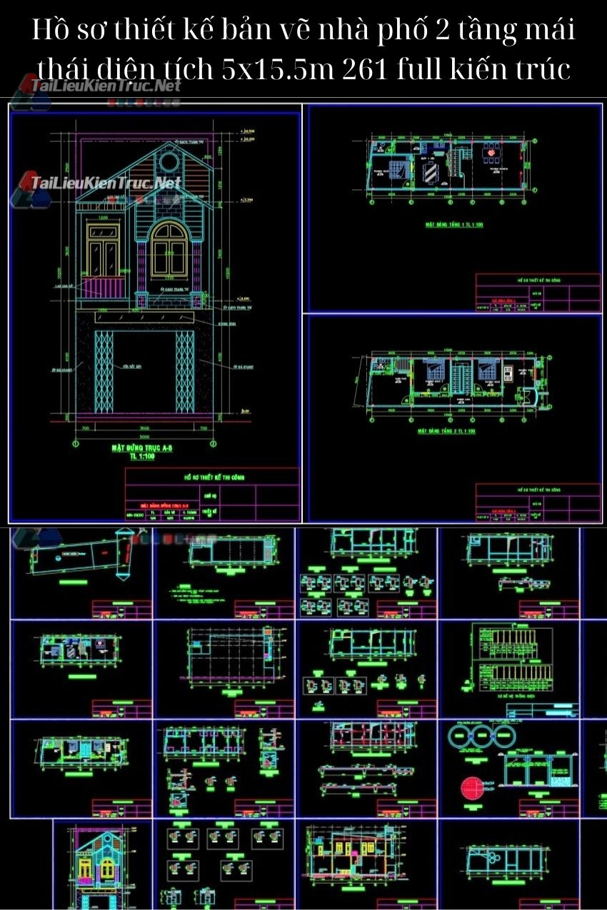 Hồ sơ thiết kế bản vẽ nhà phố 2 tầng mái thái diện tích 5x15.5m 261 full kiến trúc