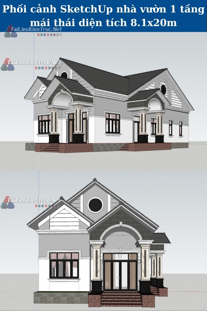 Phối cảnh SketchUp nhà vườn 1 tầng mái thái diện tích 8.1x20m