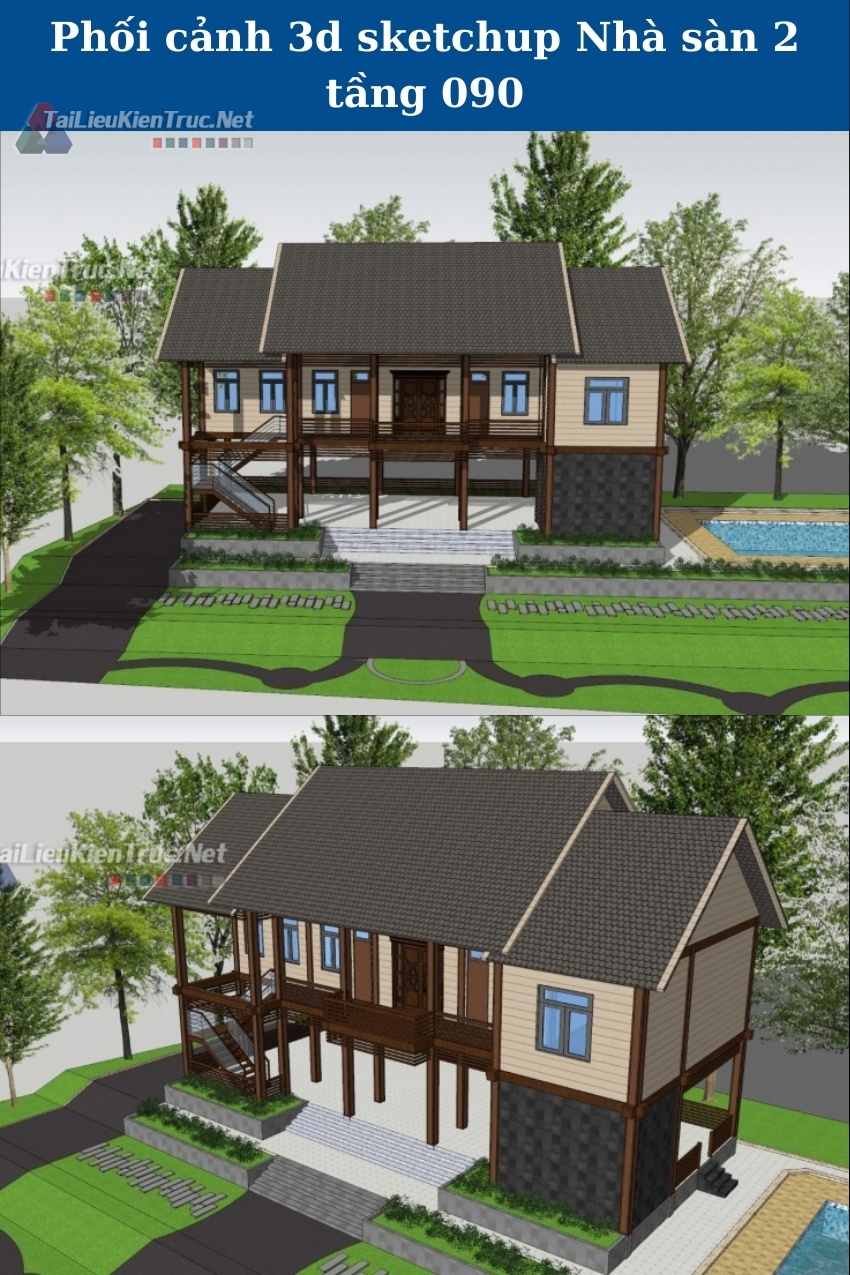 Phối cảnh 3d sketchup Nhà sàn 2 tầng 00090 download