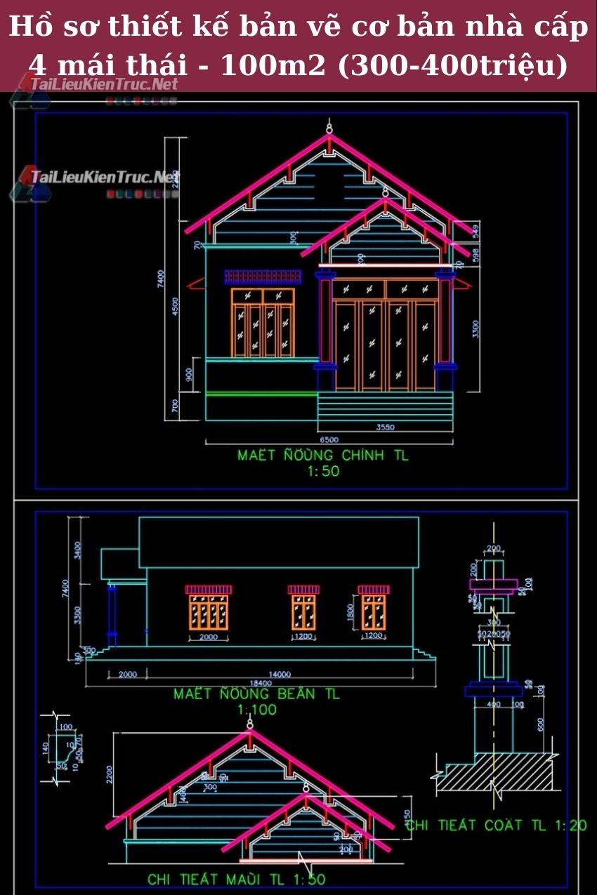 Hồ sơ thiết kế bản vẽ cơ bản nhà cấp 4 mái thái - 100m2 (300-400triệu)