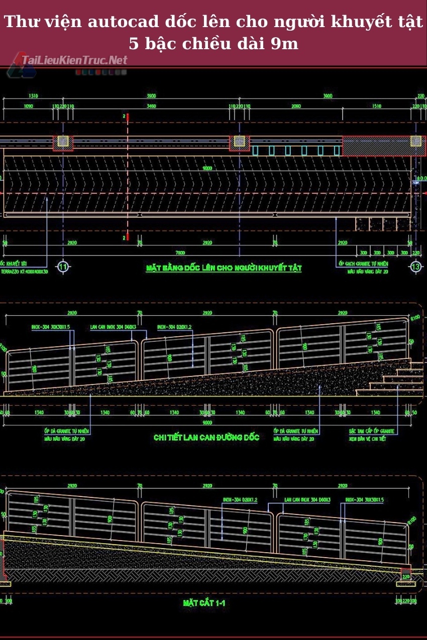 Thư viện autocad dốc lên cho người khuyết tật 5 bậc chiều dài 9m