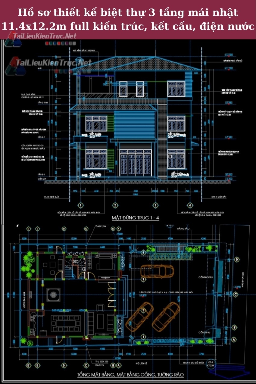 Hồ sơ thiết kế biệt thự 3 tầng mái nhật diện tích 11.4x12.2m full kiến trúc, kết cấu, điện nước