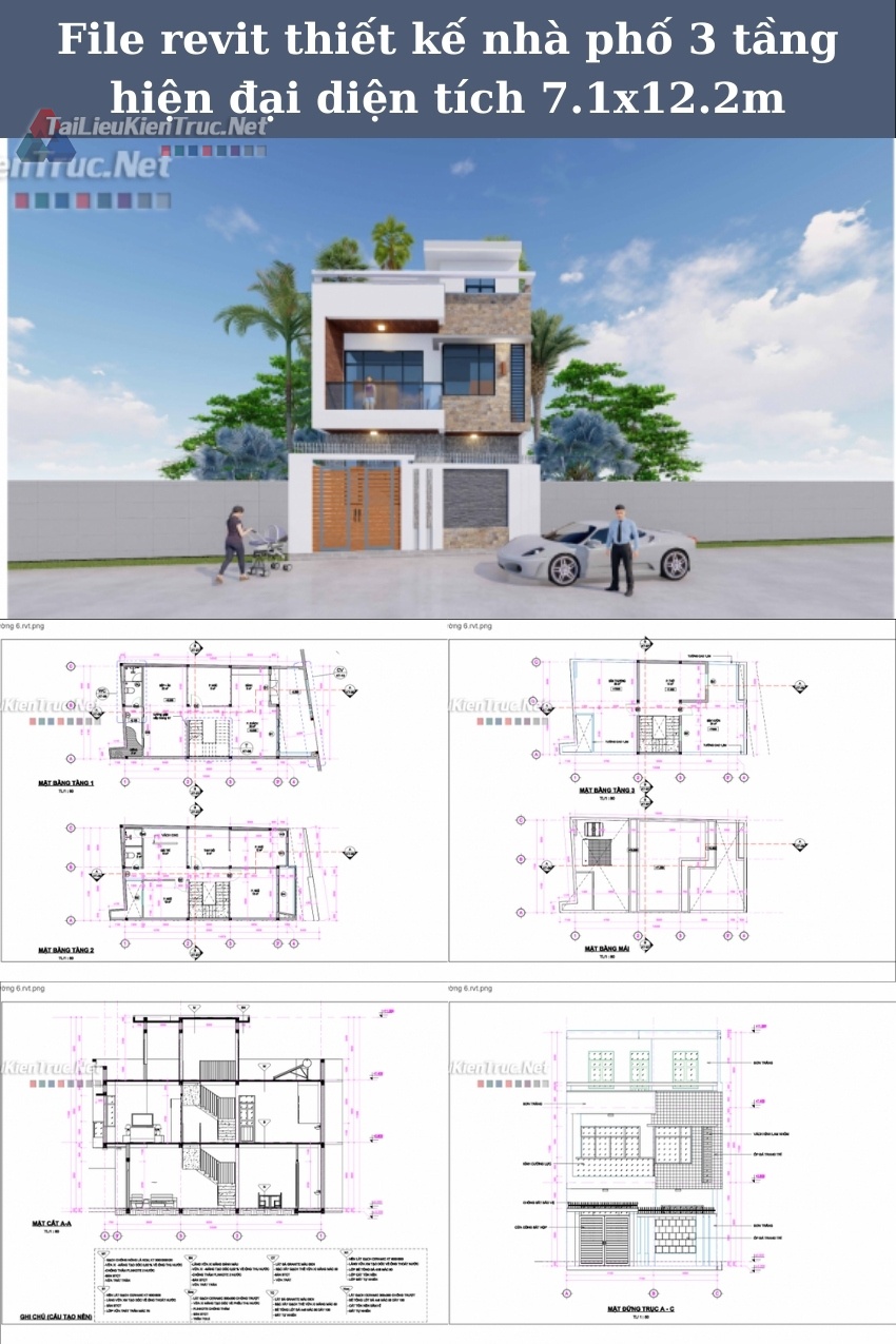 File revit thiết kế nhà phố 3 tầng hiện đại diện tích 7.1x12.2m ( nhà phường 6)