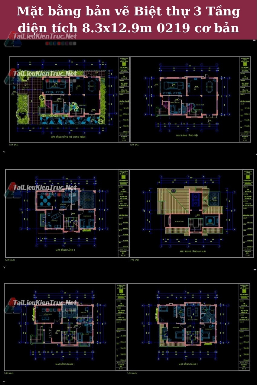 Mặt bằng bản vẽ Biệt thự 3 Tầng diện tích 8.3x12.9m 0219 cơ bản