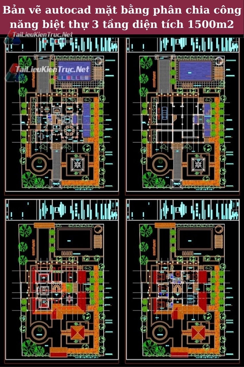 Bản vẽ autocad mặt bằng phân chia công năng biệt thự 3 tầng diện tích 1500m2