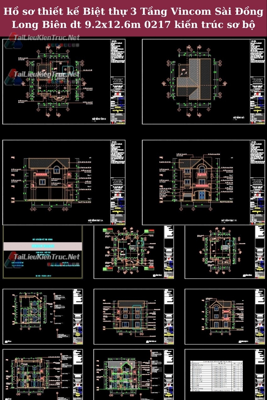 Hồ sơ thiết kế bản vẽ Biệt thự 3 Tầng Vincom Sài Đồng Long Biên diện tích 9.2x12.6m 0217 kiến trúc sơ bộ