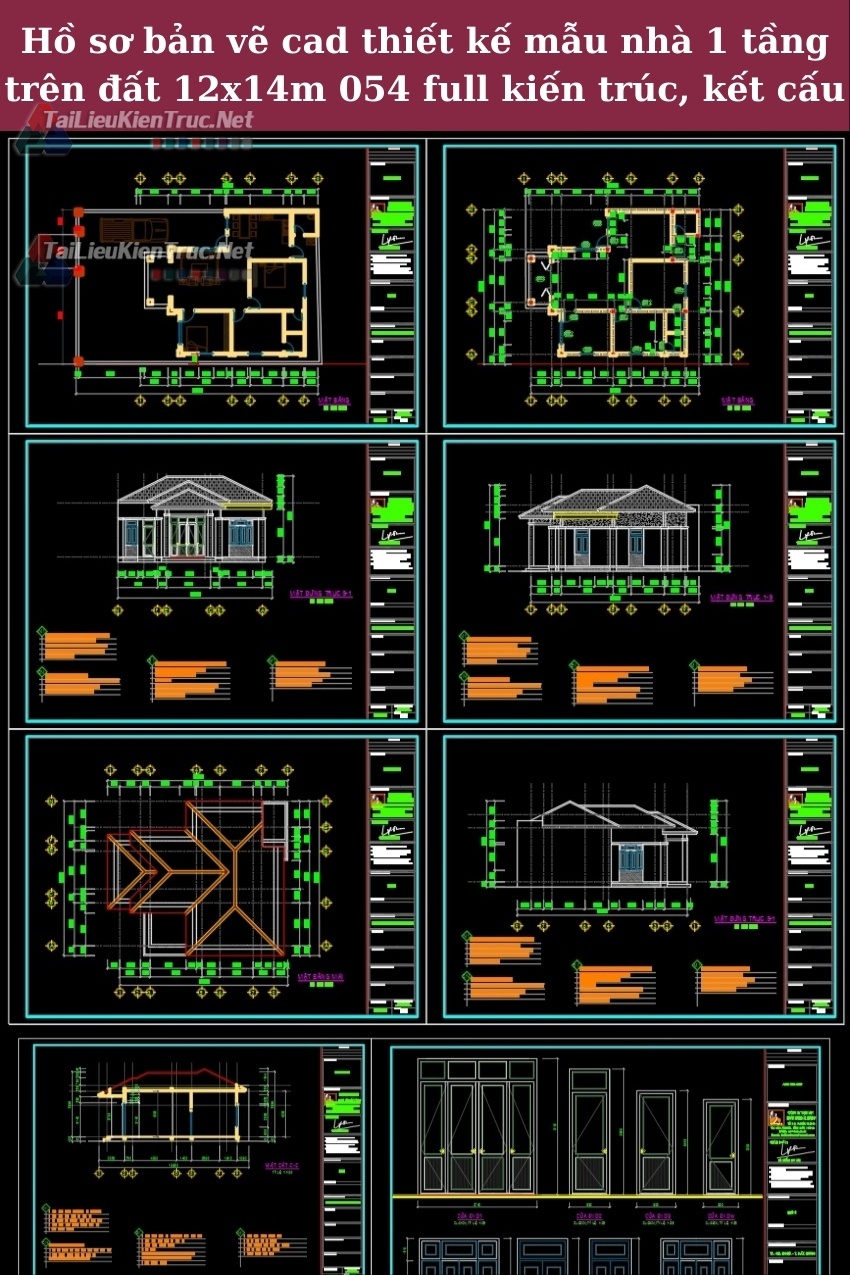 Hồ sơ bản vẽ cad thiết kế mẫu nhà 1 tầng trên đất 12x14m 054 full kiến trúc, kết cấu