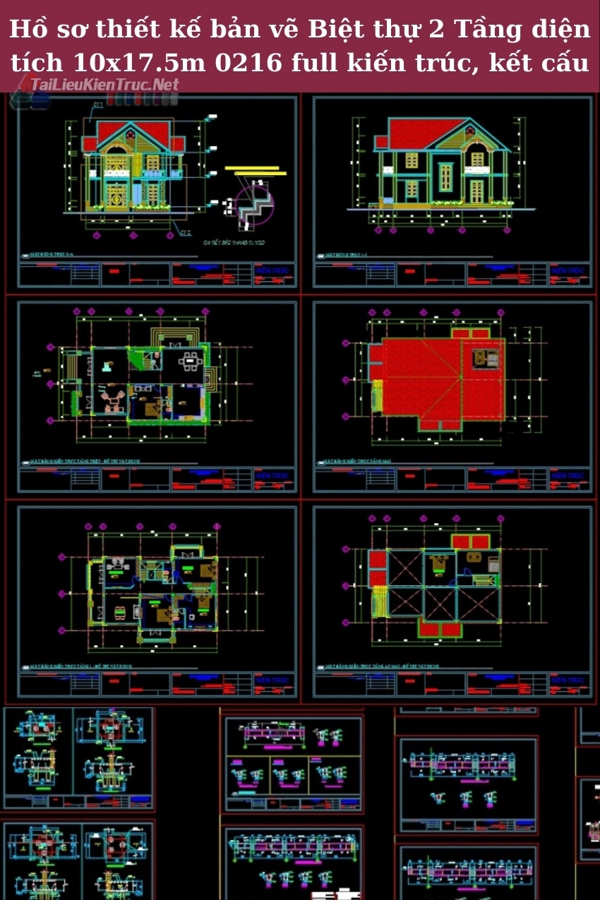 Hồ sơ thiết kế bản vẽ Biệt thự 2 Tầng diện tích 10x17.5m 0216 full kiến trúc, kết cấu