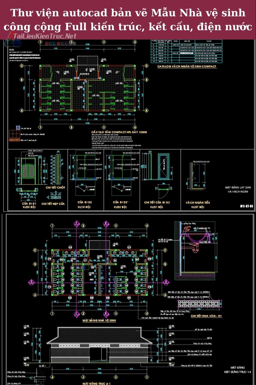  Thư viện autocad bản vẽ Mẫu Nhà vệ sinh công cộng Full kiến trúc, kết cấu, điện nước