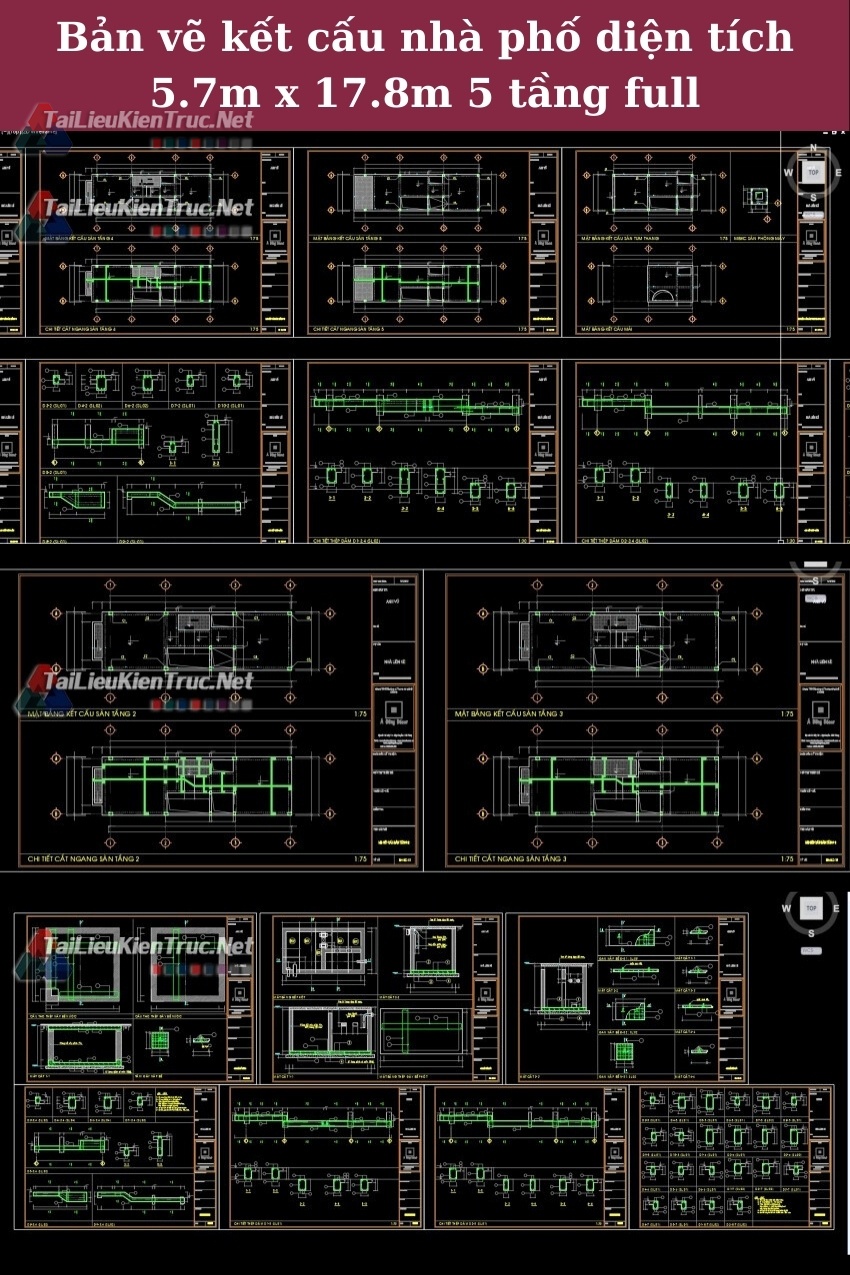 Bản vẽ kết cấu nhà phố diện tích 5.7m x 17.8m 5 tầng full