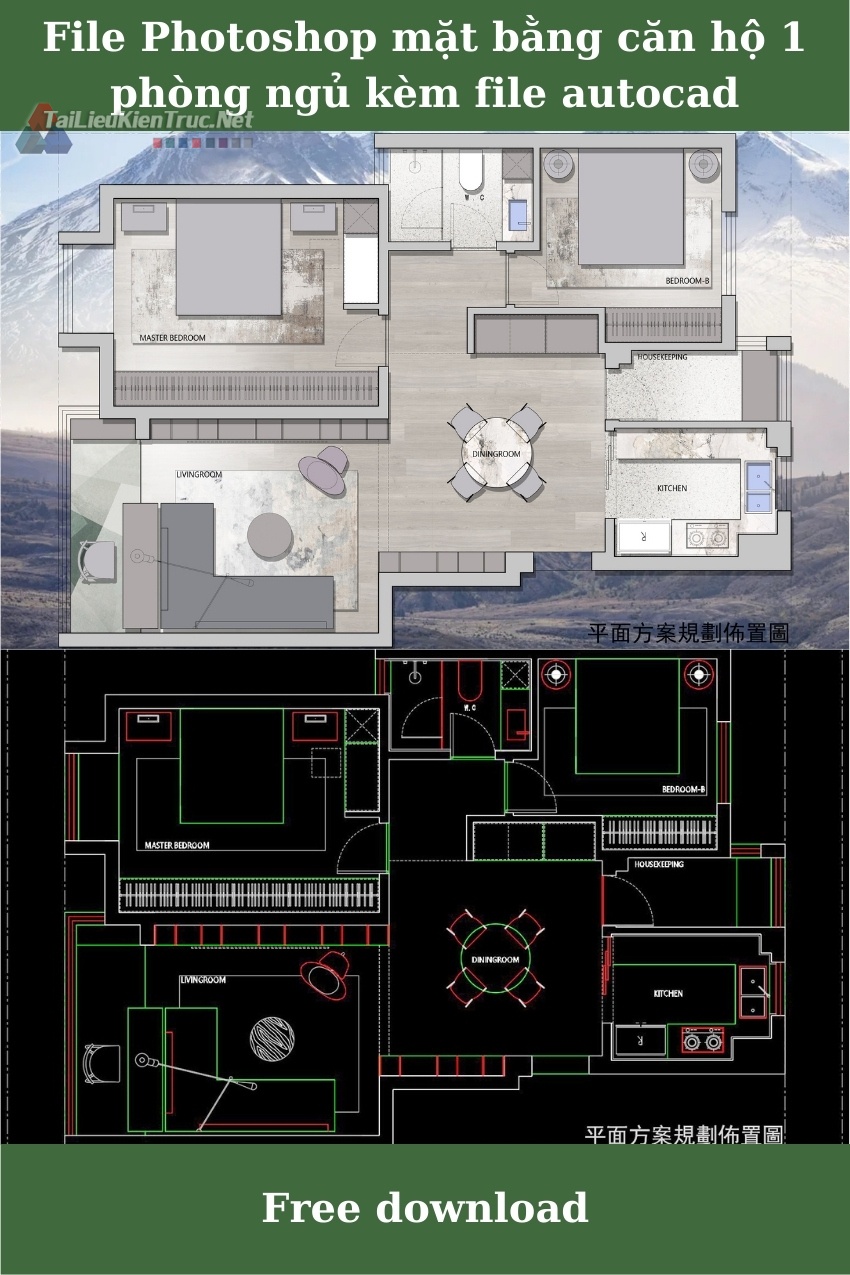 File Photoshop mặt bằng căn hộ 1 phòng ngủ kèm file autocad