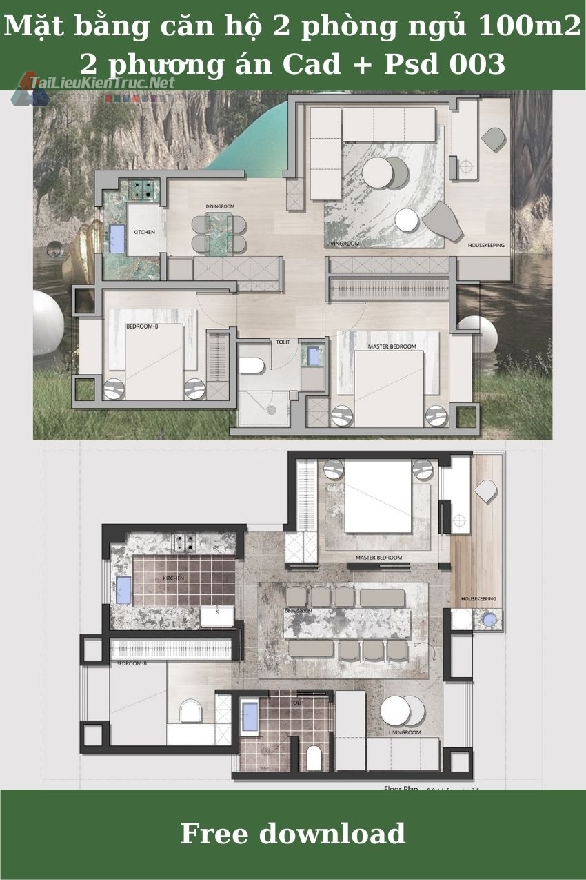 Mặt bằng căn hộ 2 phòng ngủ 100m2 Cad + Psd 003