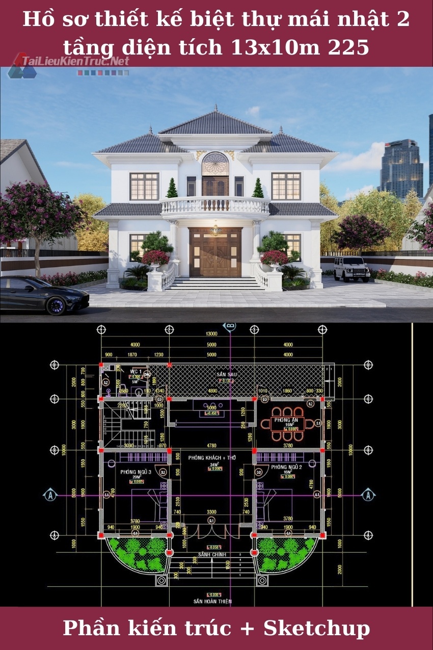 228. Hồ sơ thiết kế biệt thự mái nhật 2 tầng diện tích 13x10m autocad và sketchup