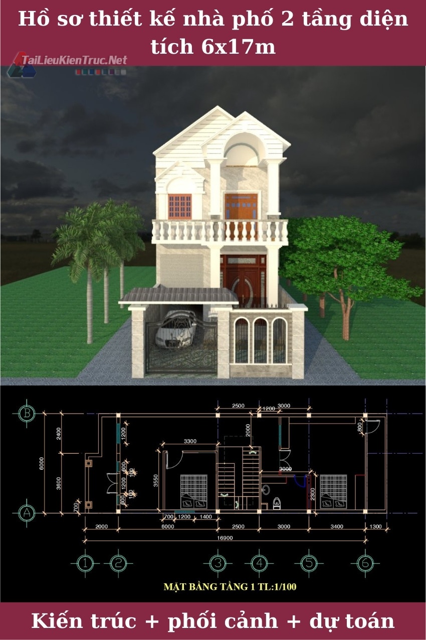 Hồ sơ thiết kế nhà phố 2 tầng diện tích 6x17m