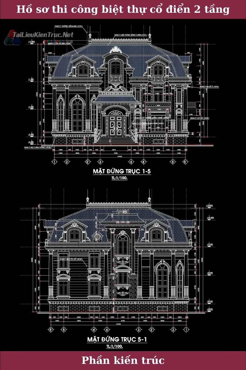 Hồ sơ thiết kế thi công Biệt thự Lâu đài 2 Tầng Tân cổ điển 8,5x15,7m - 0072 Full kiến trúc