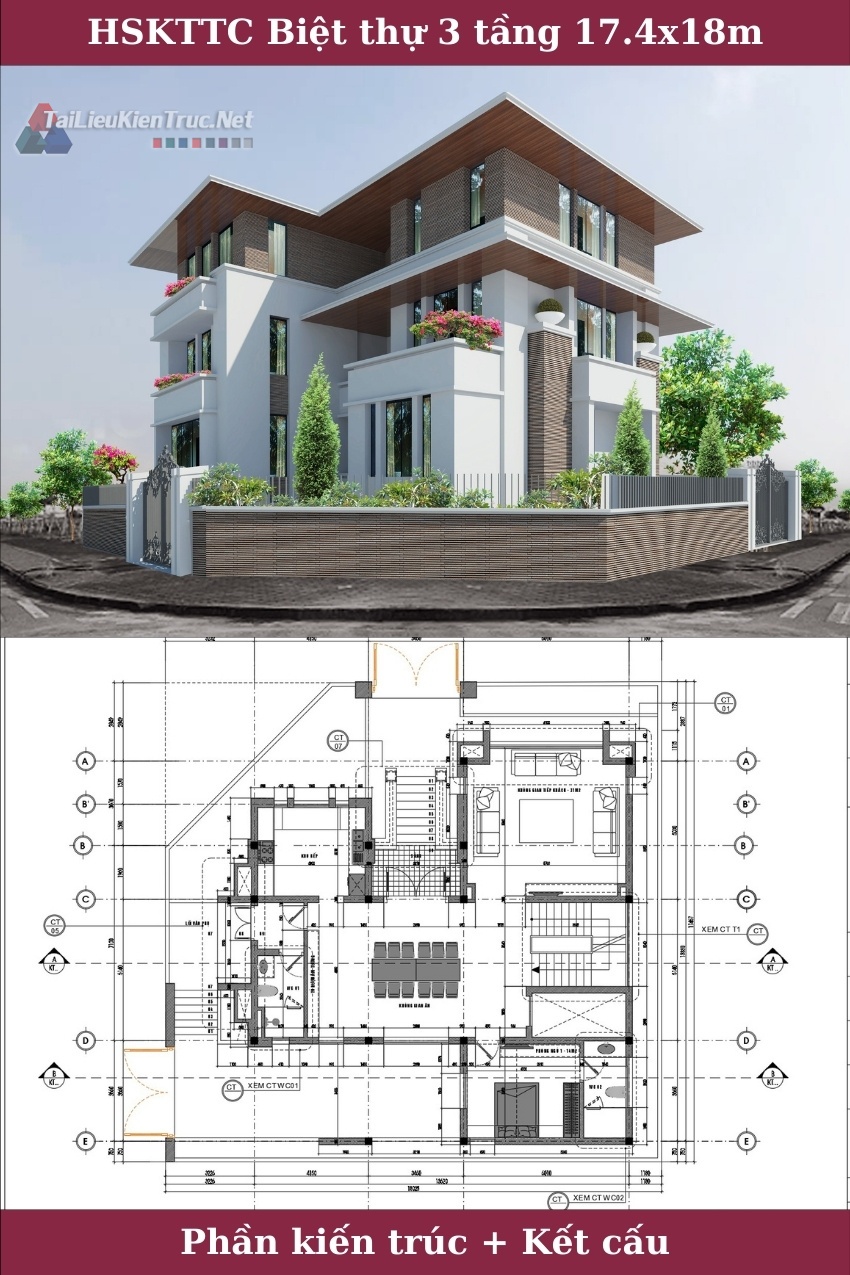 Hồ sơ thiết kế thi công biệt thự 3 tầng kích thước 17.4x18m 0214 full kiến trúc và kết cấu