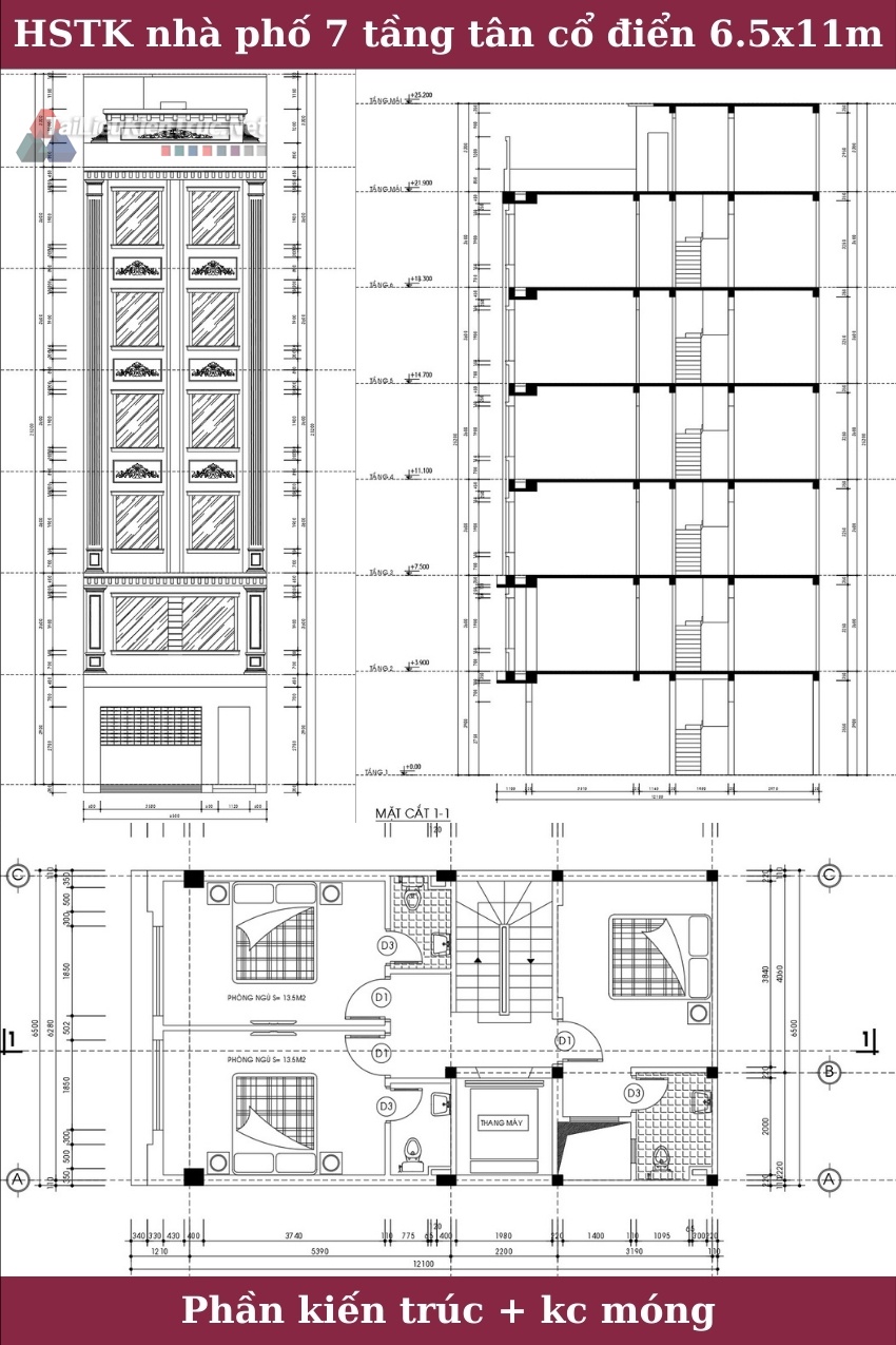 Hồ sơ thiết kế bản vẽ thi công nhà phố 7 tầng tân cổ điển diện tích 6.5x11m 250 phần kiến trúc