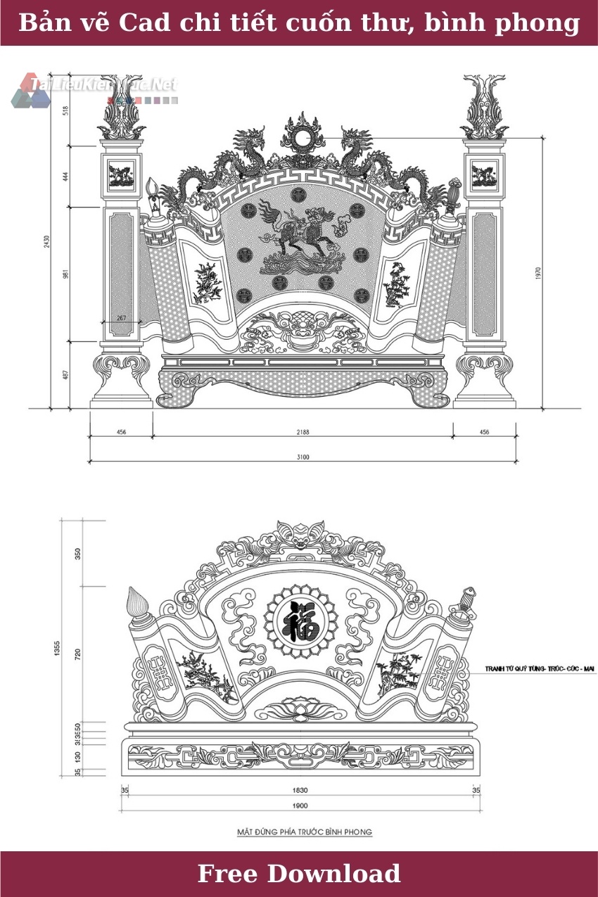 Bản vẽ cad chi tiết về cuốn thư, bình phong nhà thờ họ miễn phí