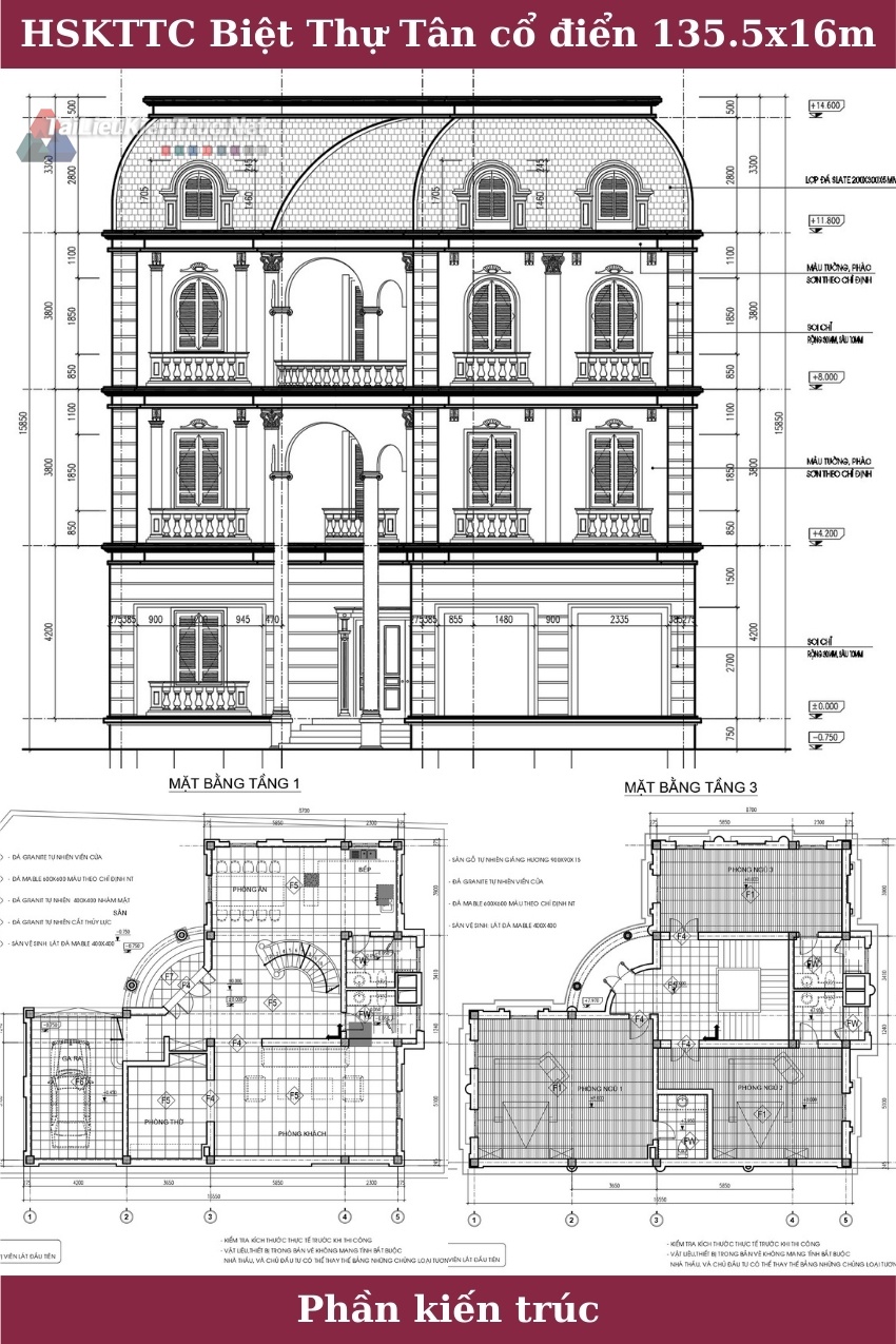 Hồ sơ thiết kế thi công biệt thự kiểu pháp kích thước 13.5x16m 0205