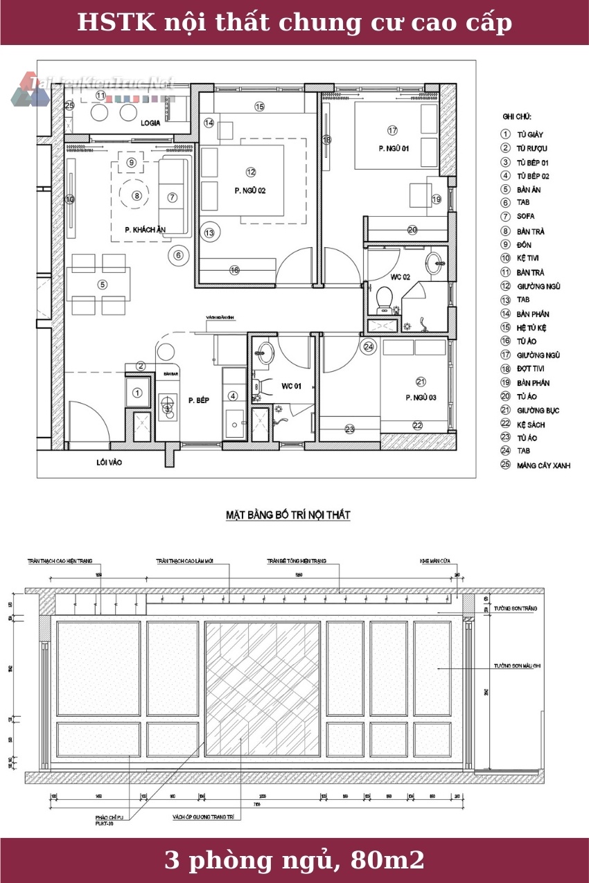 Bản vẽ Hồ sơ triển khai nội thất căn hộ chung cư cao cấp diện tích 80m2