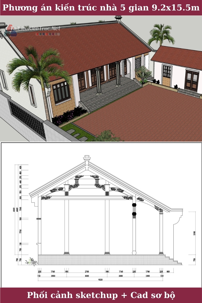 Phương án kiến trúc nhà 5 gian bắc bộ 020