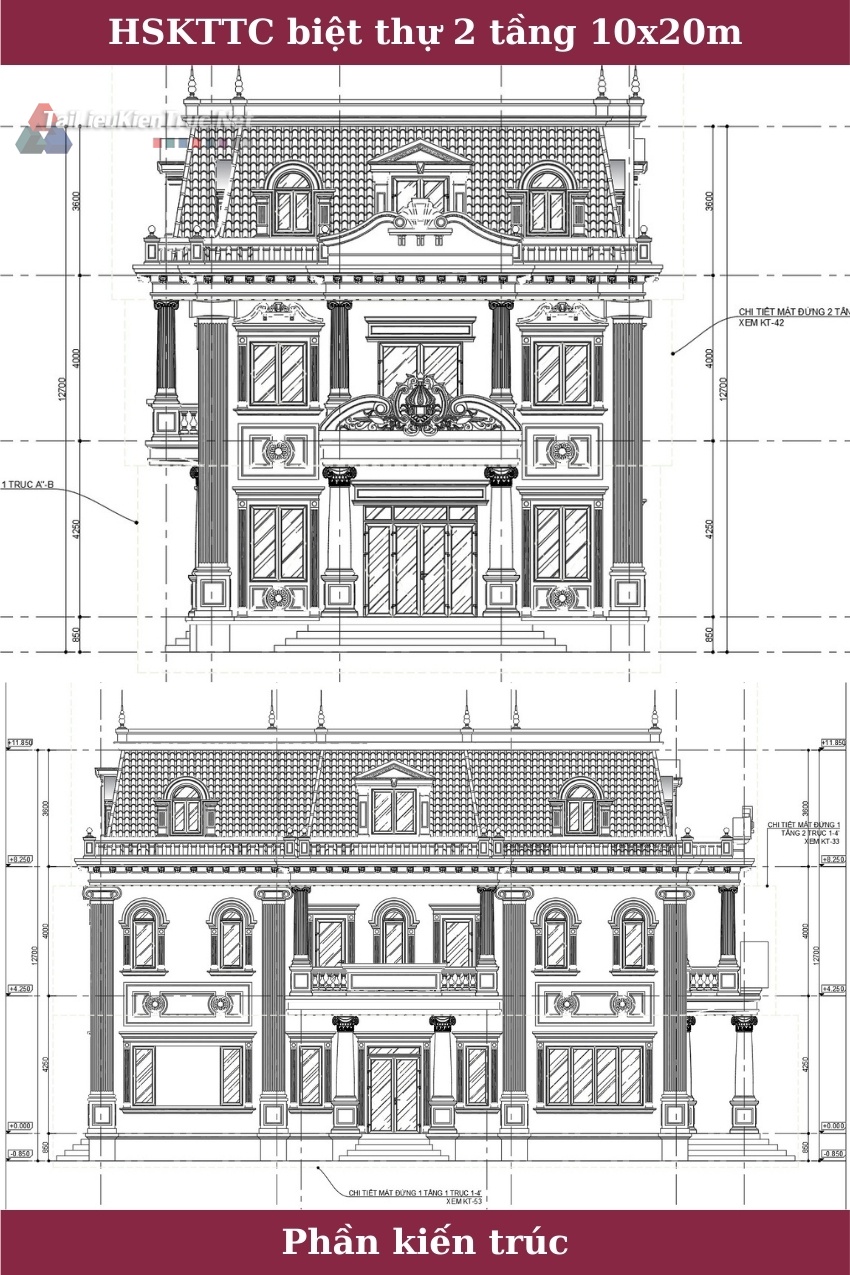 Hồ sơ thiết kế thi công Biệt thự lâu đài 2 Tầng Tân cổ điển diện tích 10x20m - 0223 Full cad