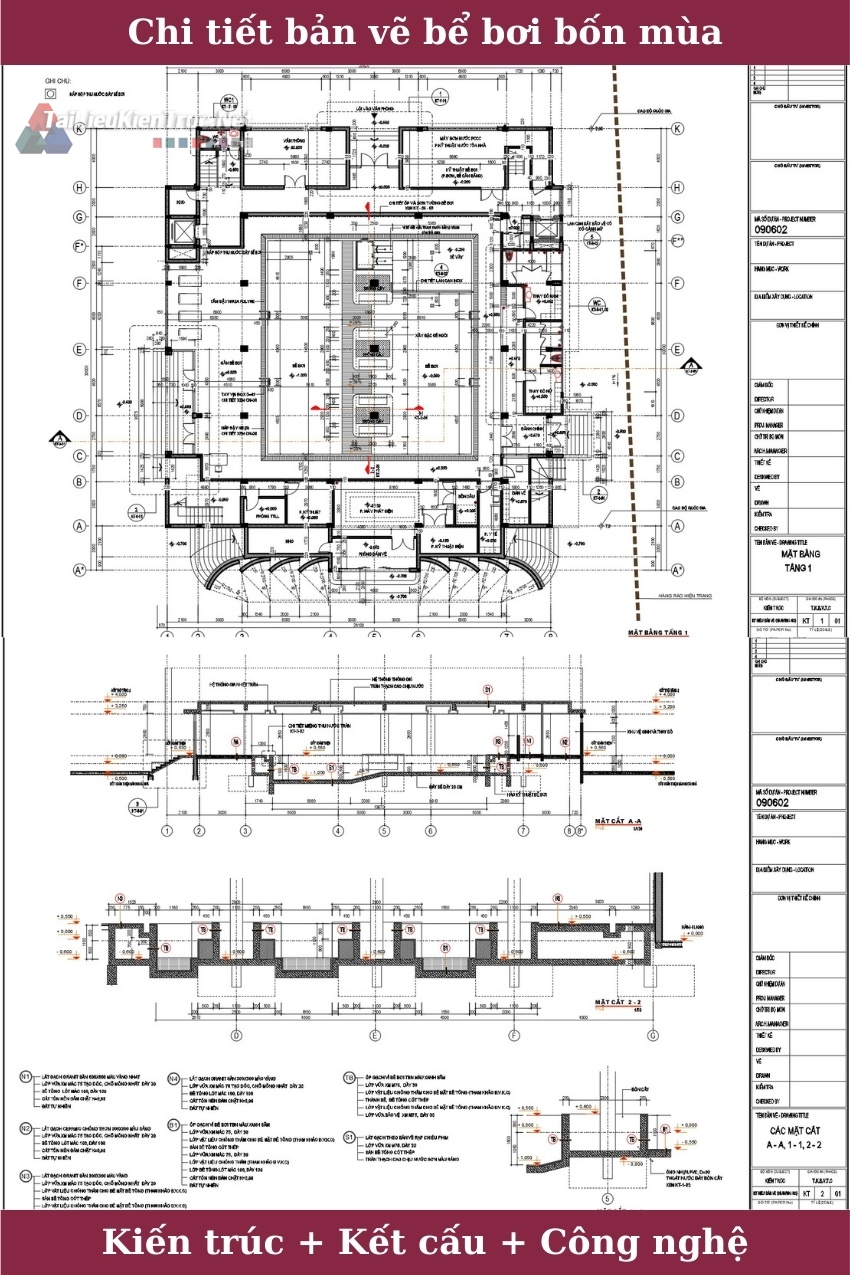 Thư viện Autocad về hồ sơ chi tiết bản vẽ bể bơi bốn mùa full kiến trúc, kết cấu