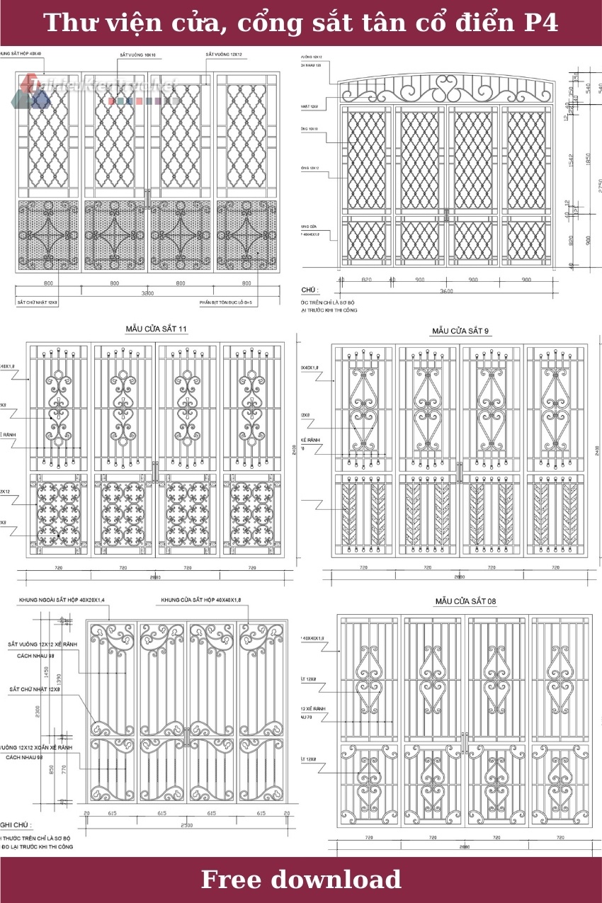 Thư viện Autocad 2d các bộ Hoa sắt cửa, cổng Tân cổ điển full P4