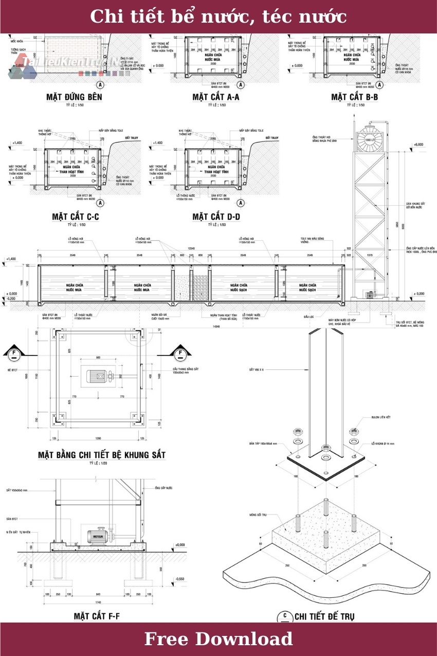 2. Bản vẽ cad chi tiết bể nước, téc nước tải Miễn Phí