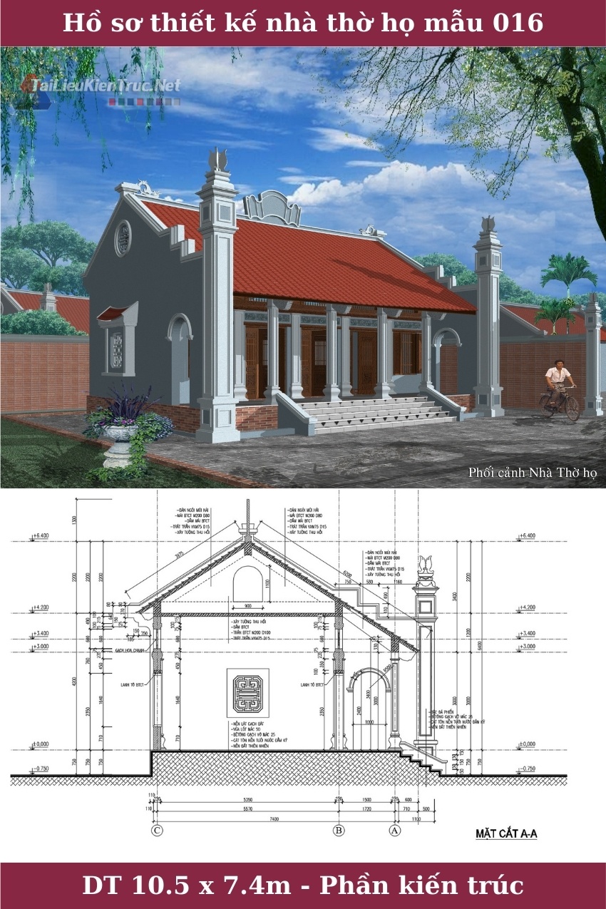 Hồ sơ thiết kế thi công nhà thờ họ mẫu số 016 diện tích 7,4x10,5m full kiến trúc