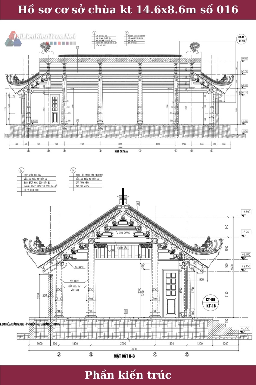 Hồ sơ thiết kế sơ bộ Bản vẽ Chùa với kích thước 14.6x8.6m