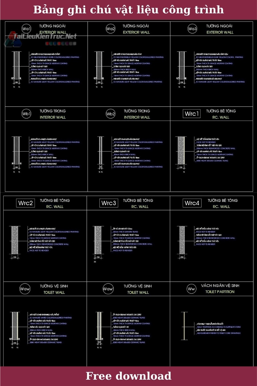 Bảng chi chú vật liệu công trình file Autocad