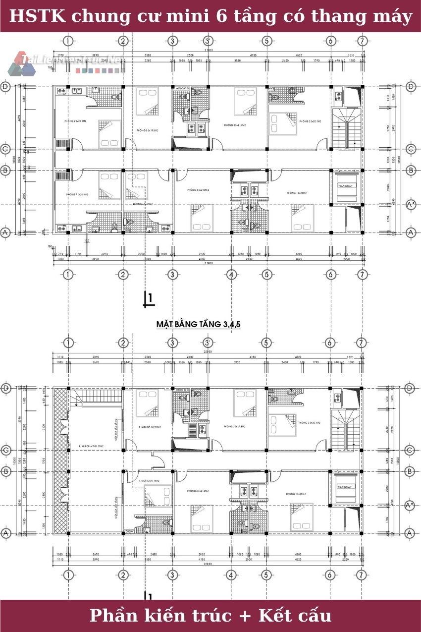 58. Hồ sơ thiết kế chung cư mini 6 tầng KT 10.5 x 21m có thang máy full kiến trúc, kết cấu