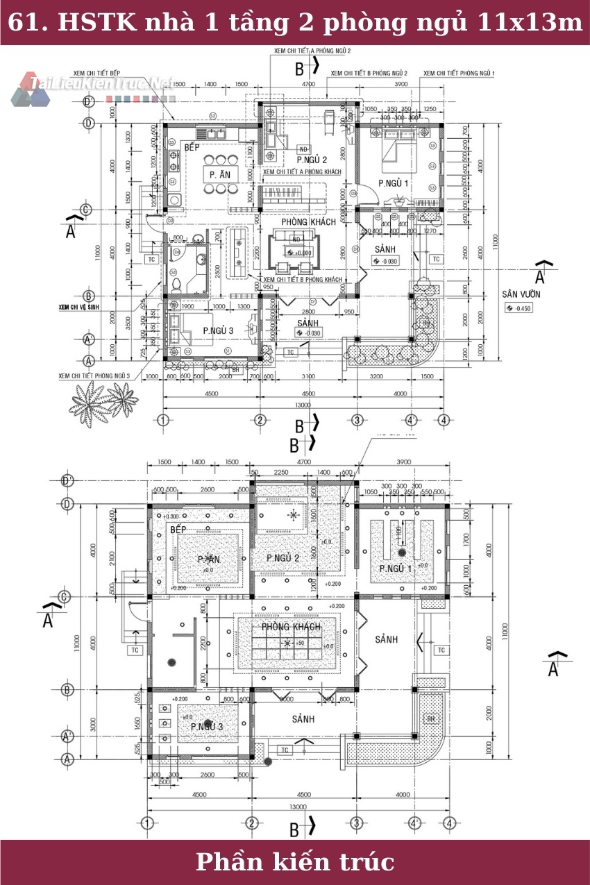 061. HSTK nhà 1 tầng 2 phòng ngủ 11x13m full kiến trúc kết cấu