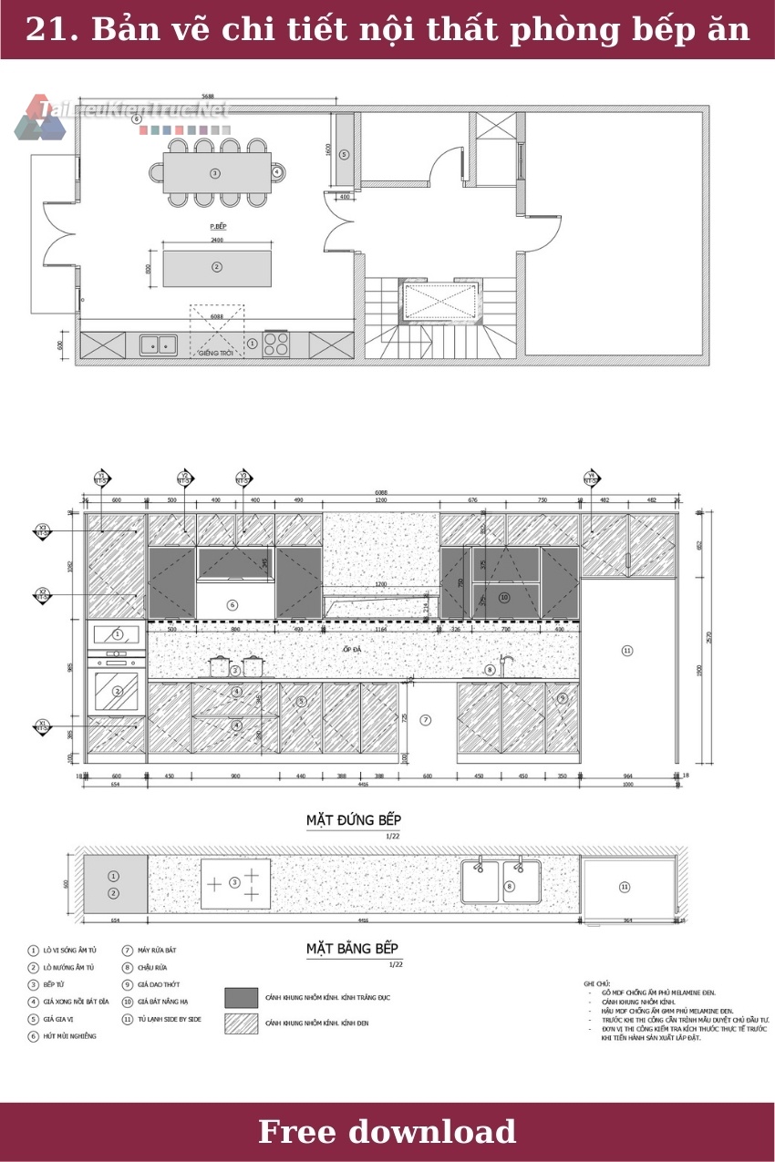 21. Bản vẽ chi tiết nội thất phòng bếp ăn miễn phí