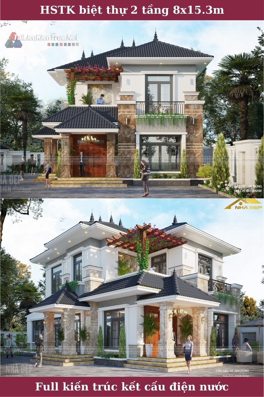 226. Hồ sơ thiết kế biệt thự mái nhật 2 tầng 8.5x15.3m full kiến trúc, kết cấu, điện nước