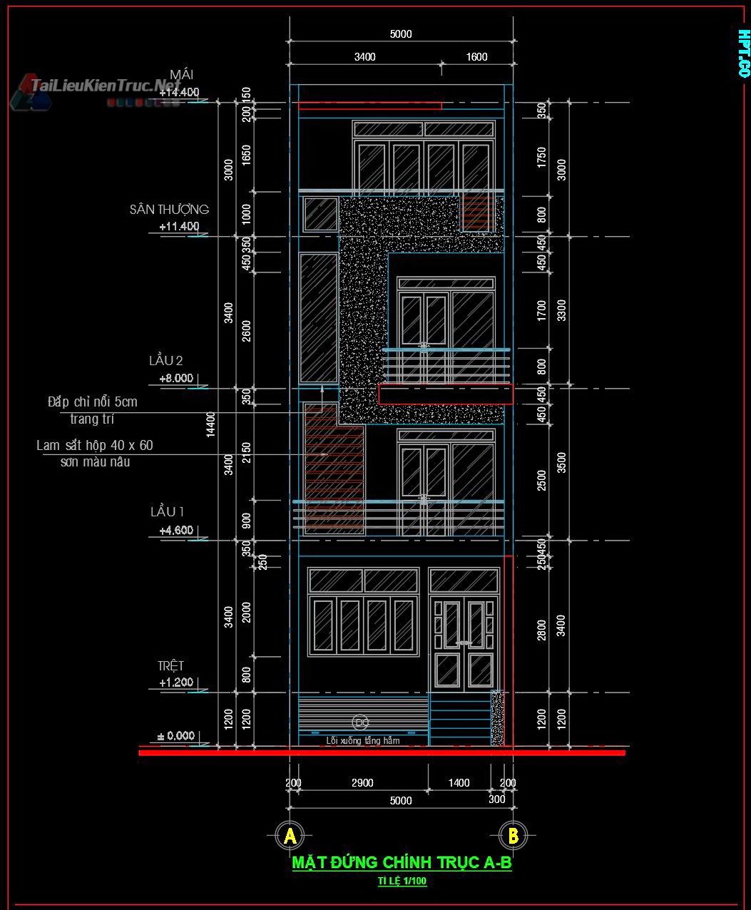 Hồ sơ thiết kế bản vẽ thi công nhà phố 4 tầng diện tích 5x15m 229 full kiến trúc, kết cấu