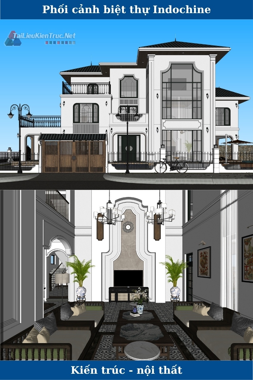 Phối cảnh sketchup biệt thự phong cách Indochine