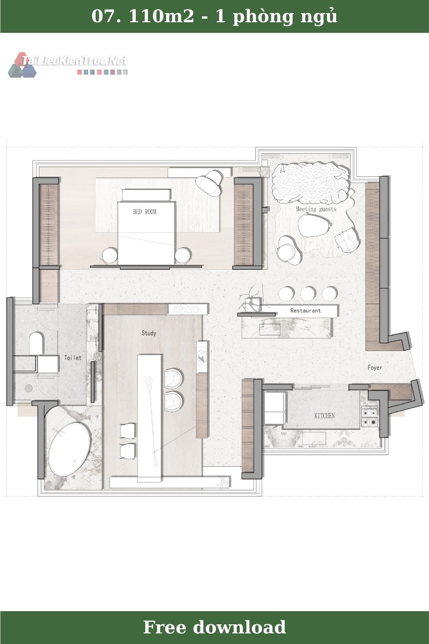 7. Mặt bằng căn hộ 1 phòng ngủ 110m2